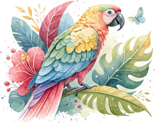 Obraz premium Hand-Painted Parrot Watercolor, Exotic Tropical Bird Art, Isolated Vector Clipart
