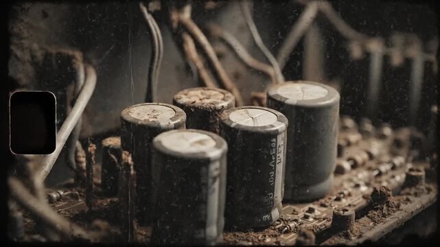 Close-up of old, dusty electronic circuit board with wires and capacitors