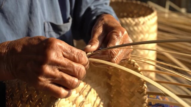 Elderly hand weaving basket traditional craft handmade straw closeup artisan skillful natural material rural cultural texture detailed creative patience focus outdoor sunlight craftsmanship hand