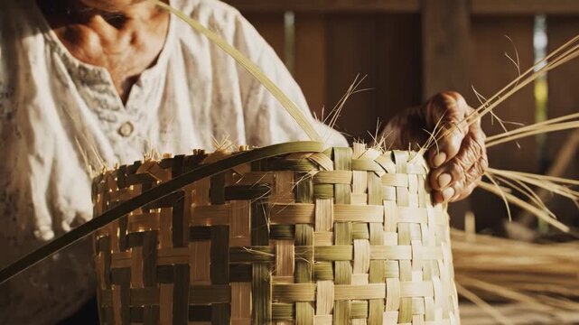Elderly hand weaving traditional basket with natural fiber, handmade craft showcasing rural artisan skill, closeup texture, culture, heritage, straw pattern, cottage industry, sustainable eco