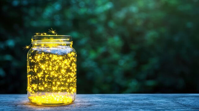 A jar of fireflies glowing softly in the dark, magical summer nights, copy space included,