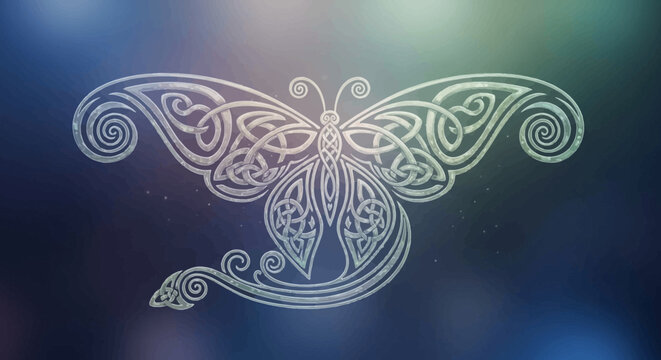 Celtic knotwork moth design on blue background with sparkles