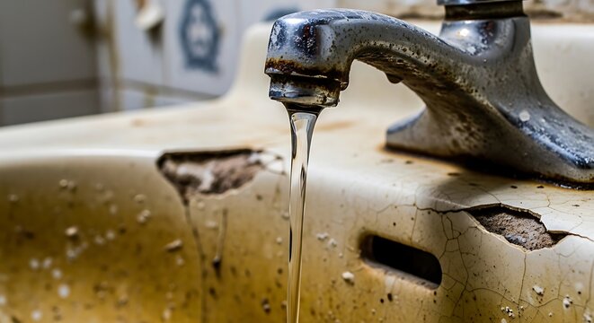 Close up of dirty faucet with water flowing from it