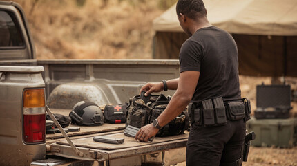 Rear view of a man in tactical gear organizing equipment, including firearm magazines, in a pickup truck bed. © Mary