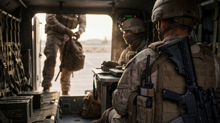 Obraz premium Armed soldiers in desert camouflage gear inside a military transport vehicle during a sunrise mission.