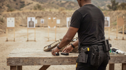 Male shooter carefully preparing tactical equipment and firearm magazines on a wooden table at an outdoor gun range. © Mary