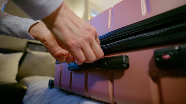 Traveler opening a suitcase and unlocking luggage zipper while preparing for travel or packing for a trip.