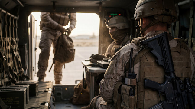 Armed soldiers in desert camouflage gear inside a military transport vehicle during a sunrise mission.