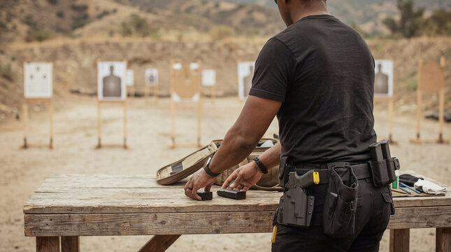 Male shooter carefully preparing tactical equipment and firearm magazines on a wooden table at an outdoor gun range.