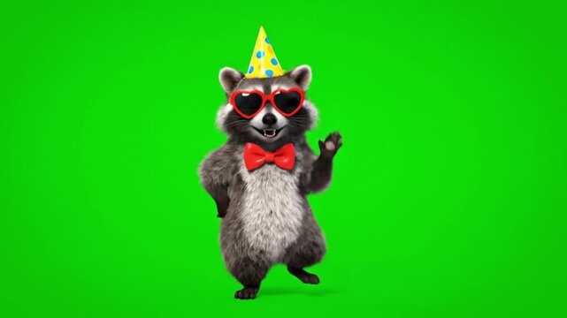 Funny raccoon character dancing playfully with joyful personality raccoon wearing colorful party hat trendy sunglasses and bow tie cheerful expression animated dance steps fluffy fur realistic shading