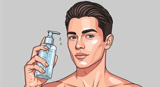 Handsome man grooming hygiene gel popart portrait liquid droplet