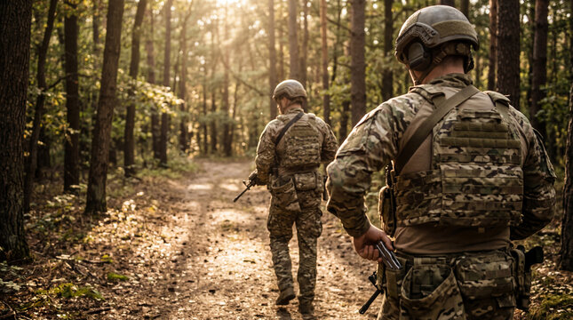 Military soldiers in camouflage uniform walking on a sun-dappled dirt path through a dense, green forest.