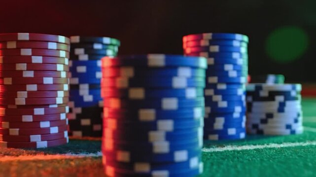 Poker chip gambling casino gaming blue red white stack table luck competition risk strategy nightlife entertainment success wealth leisure betting recreation finance excitement challenge focus