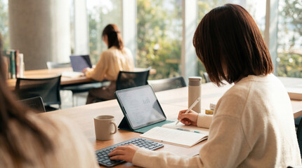 Fototapeta premium Dedicated young woman working efficiently with a tablet and notebook in a bright, contemporary office environment.