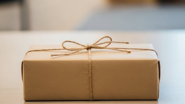 A small, rectangular gift wrapped in brown paper and tied with a bow