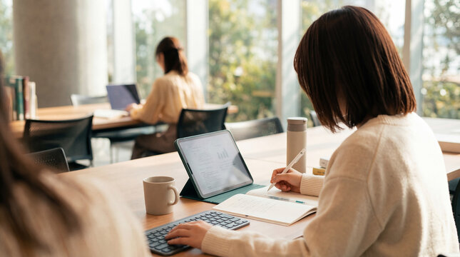 Dedicated young woman working efficiently with a tablet and notebook in a bright, contemporary office environment.