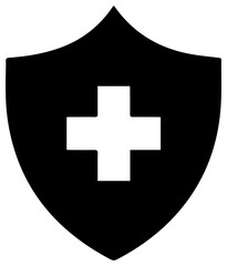 Obraz premium Black shield icon with white cross symbol for protection and safety on a plain white background