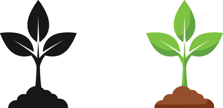 Growing plant sprout icon set, young green seedling in soil symbol, eco nature gardening vector illustration