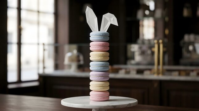 Stack of Pastel Macarons with Geometric Bunny Ears in Bakery