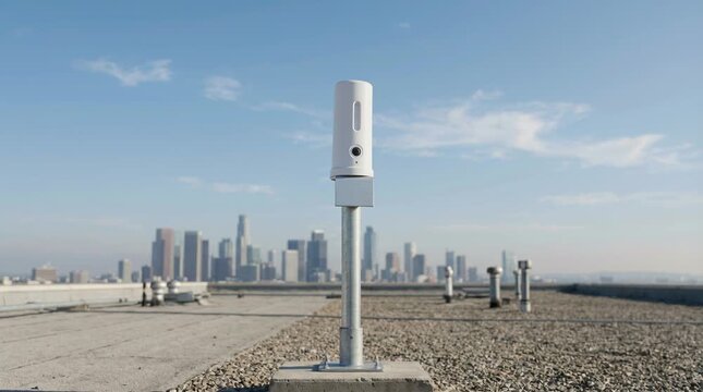 Rooftop Wireless Communication Antenna With City Skyline Representing Urban Network Infrastructure and Connected Smart City Technology