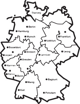 Geographical map of major german cities and their respective regions