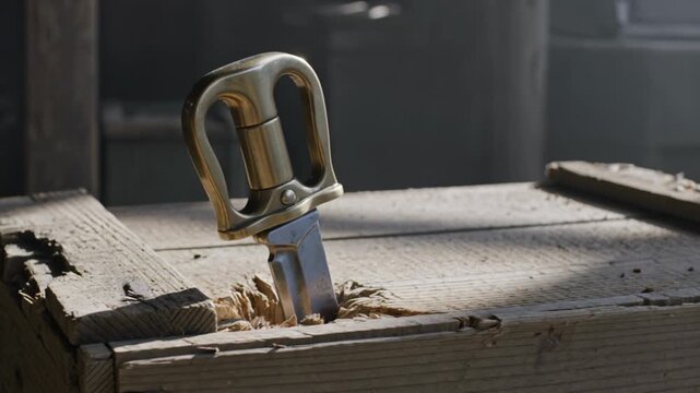 Brass handled knife stuck in wooden beam with shavings, carpentry tool close-up