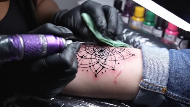 Tattoo arm mandala geometric black ink artist needle skin design creativity detailed modern art studio professional person jeans closeup process equipment gloves hygiene outline pattern spider web