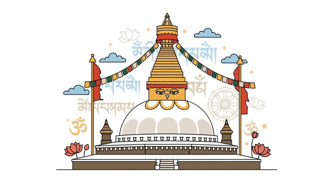 Boudhanath Stupa Nepal Buddhist Landmark Flat Design Illustration