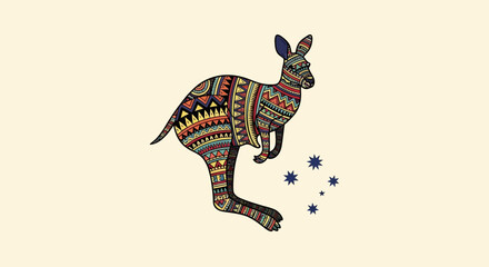Fototapeta premium Colorful tribal kangaroo illustration with stars, Australian aboriginal art style