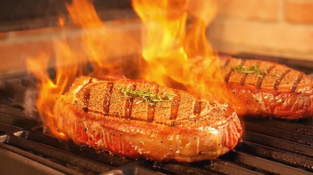 Sizzling steaks on a flaming grill with flames and grill marks