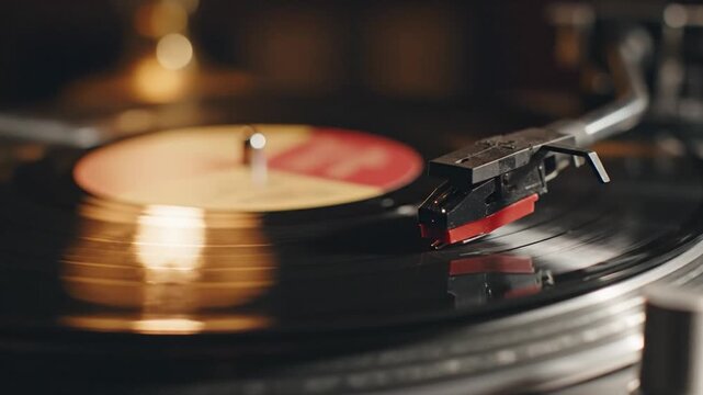 Vinyl record turntable music retro analog audio nostalgia sound vintage closeup spinning classic entertainment black groove technology equipment hobby listening collection disc old player create warm