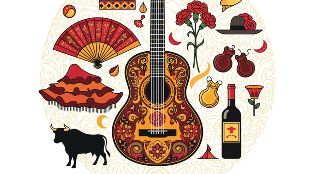 Flamenco Guitar, Fan, Bull, Flowers, Wine: Spanish Culture Elements