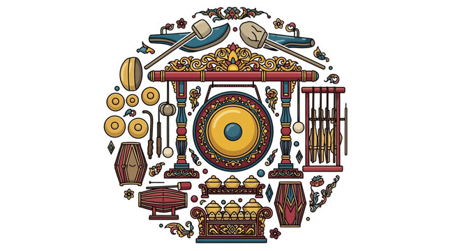 Gamelan Music Instruments Circle Arrangement, Traditional Indonesian Orchestra