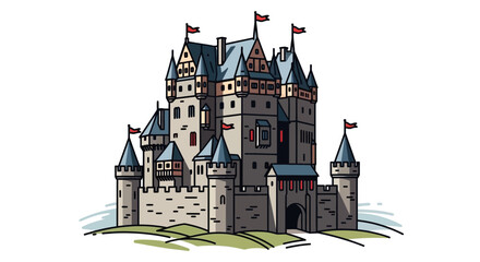 Obraz premium Medieval Castle Illustration with Flags and Towers on Hill