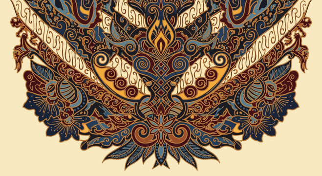 Intricate Batik Pattern with Floral and Abstract Motifs, Traditional Textile Design