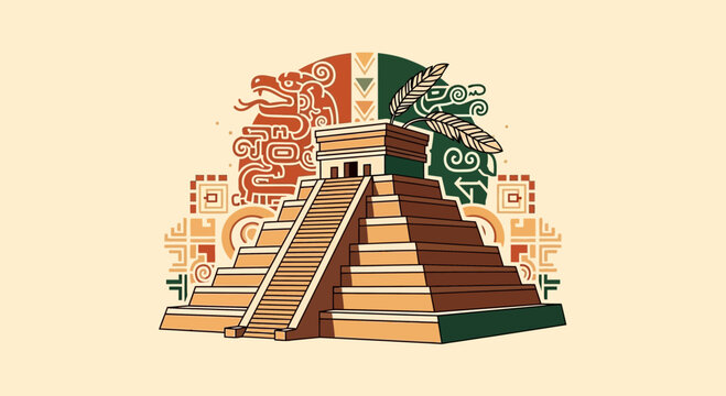 Mayan Pyramid with Serpent God and Feathered Headdress Illustration