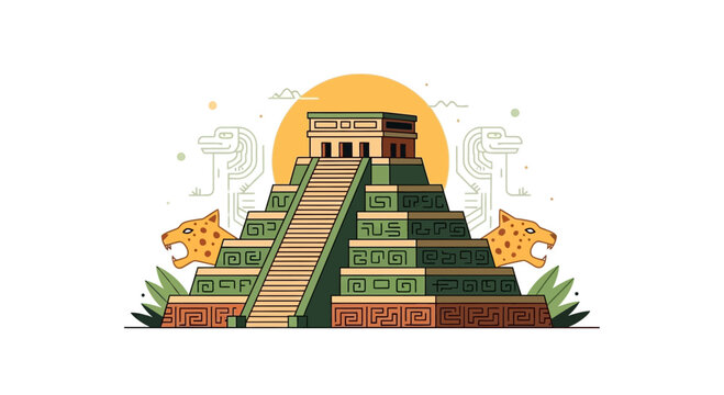 Mayan Pyramid with Jaguar Sculptures and Sun