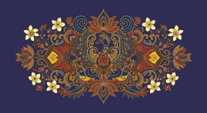 Ornate Batik Pattern with Peacock and Flowers on Deep Blue Background