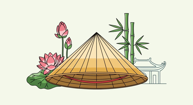 Vietnamese Conical Hat (Non La), Lotus Flowers, Bamboo, Traditional Pagoda Outline