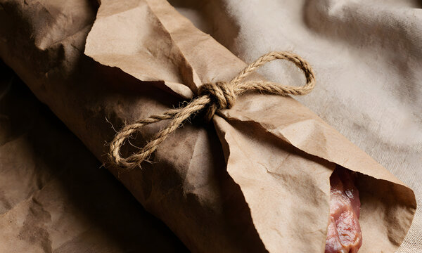 Wrapped meat parcel tied with string on rustic cloth background for Eid al-Adha  