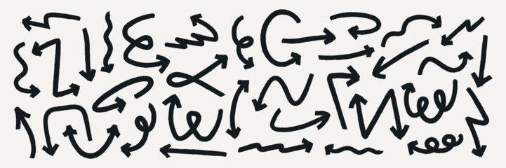 A collection of black arrows in various styles and directions. Arrows pointing up, down, left, and right. Curved and straight arrows. Arrows for design use. Element vector set.