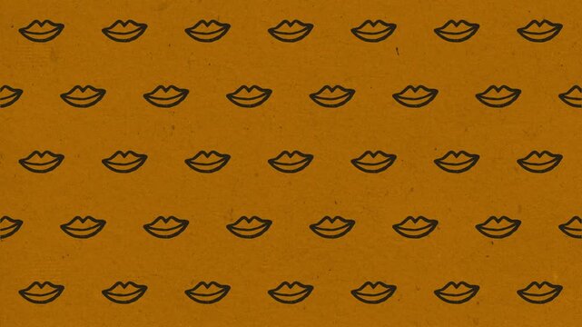 Repeating pattern of hand drawn lips on a textured ochre background artistic decorative element