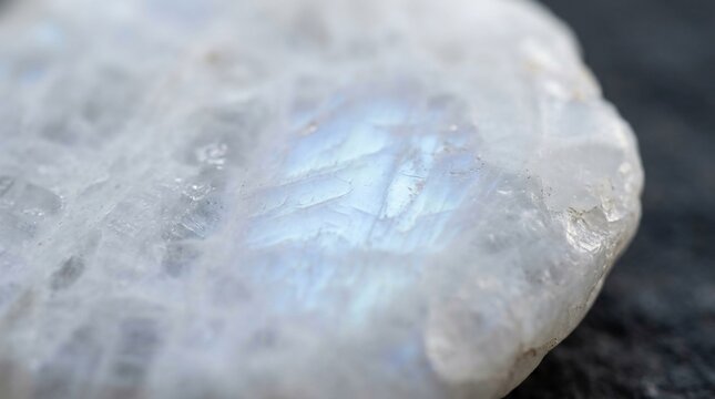 Close up of a beautiful iridescent moonstone with a soft blue glow.