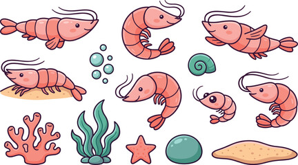 Obraz premium Cute Cartoon Shrimp Character Set with Coral Seaweed Starfish Vector Illustration