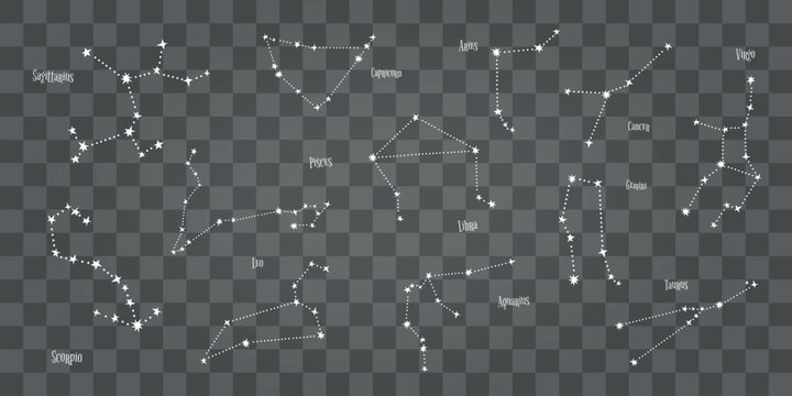 Set of zodiac constellations on transparent background. Includes Aries, Taurus, Gemini, Cancer, Leo, Virgo, Libra, Scorpio, Sagittarius, Capricorn, Aquarius, Pisces. Vector element set.