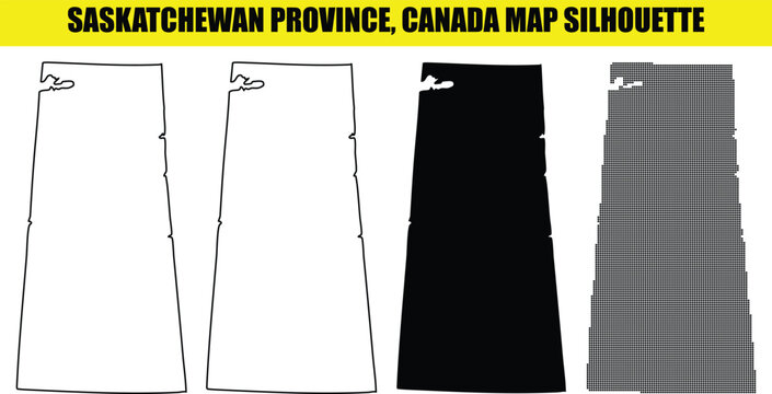 saskatchewan province canada map silhouette in four styles flat, outline, solid, and halftone dotted for your design