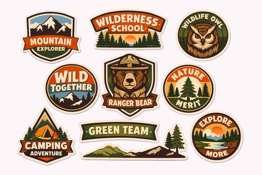 A collection of vintage-style outdoor adventure and nature exploration badges and patches featuring mountains, forests, wildlife, and camping themes.