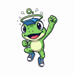 Obraz premium Cartoon frog juggling halo with cap and sneakers, celebrating