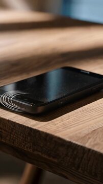 A smartphone is placed on a wooden table showing a circular water stain from condensation.