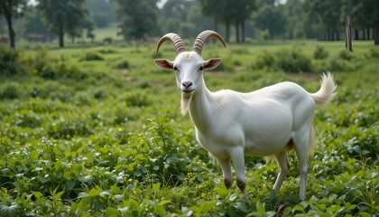Naklejka premium White Qurbani goat standing in green village field, natural light